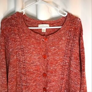 CJ Banks 3X Crochet Knit Cardigan Sweater Metallic Red Orange Marled
